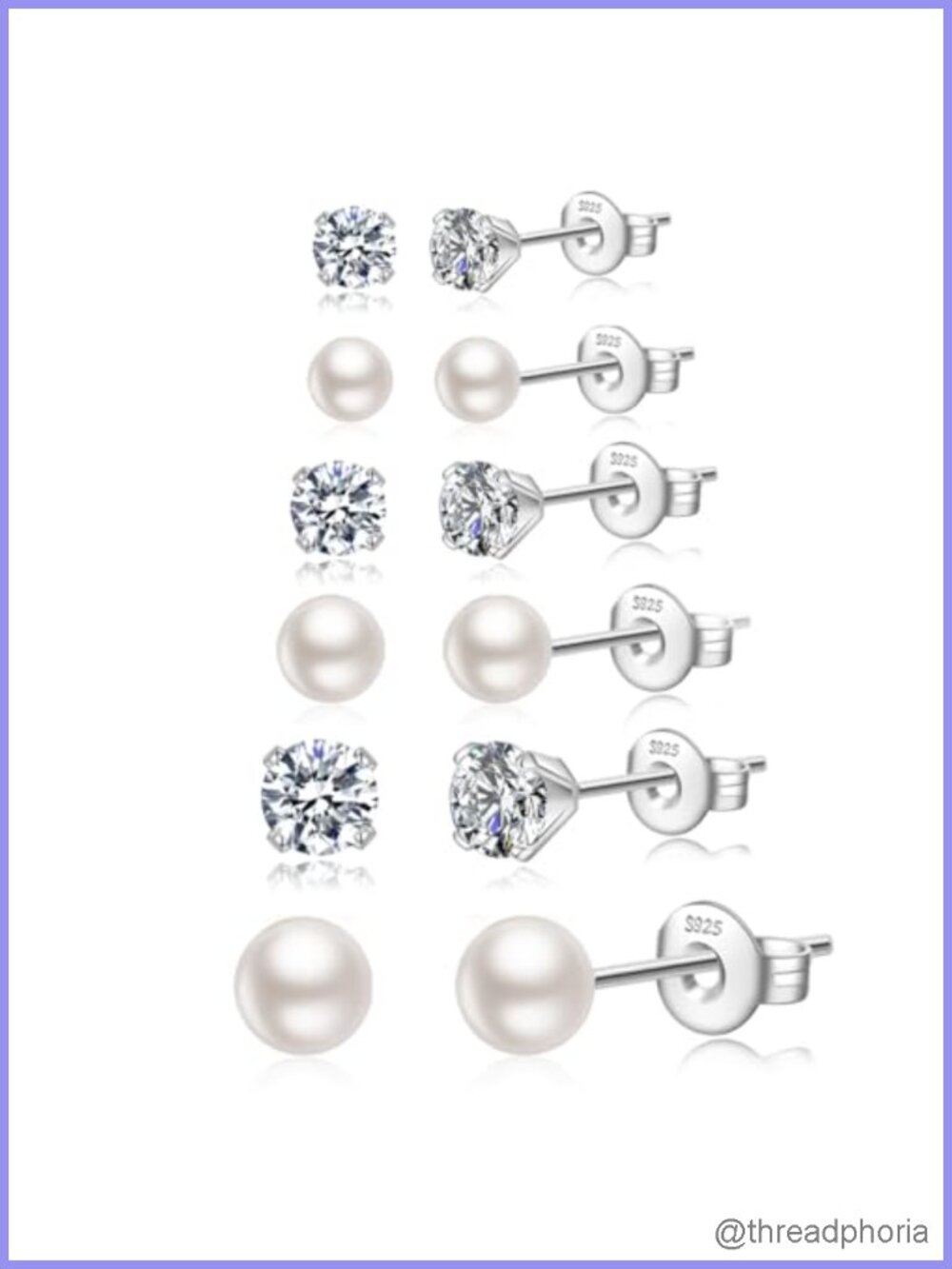 Sterling Silver Stud Earrings Set Pearl Cubic Zirconia 6 Pairs